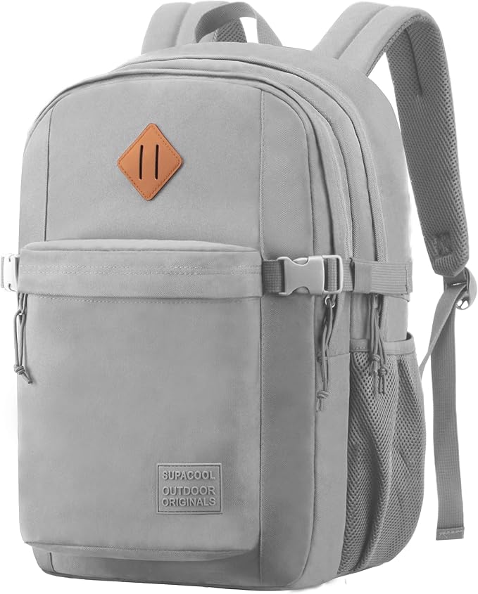 SUPACOOL Casual Backpack For School, Classical Travel Backpack for Men and Women, Bookbag for Boys, Girls and Kids, Laptop Compartment(Light Grey)