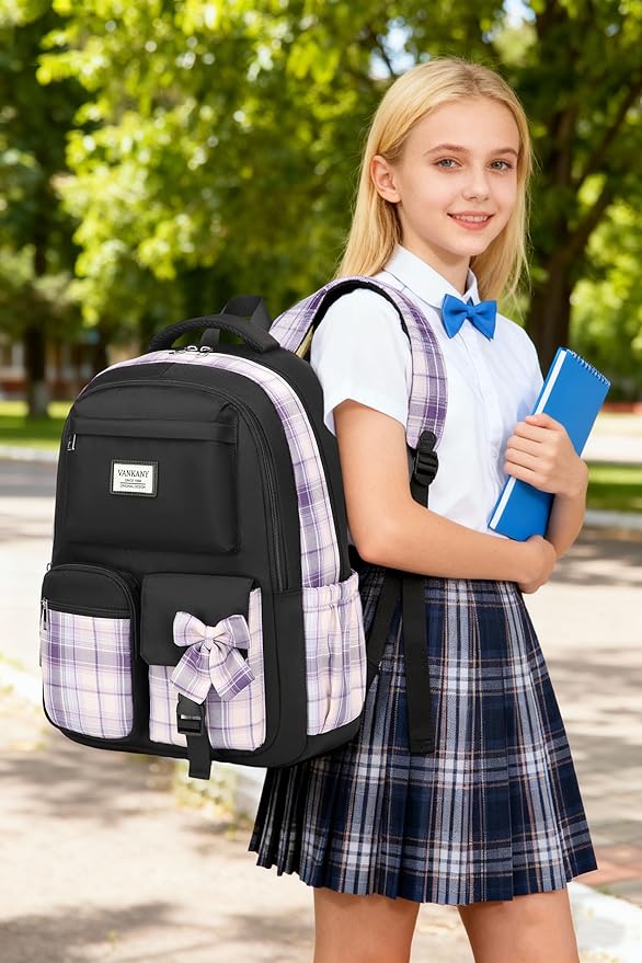 Girls Backpack Teen Girls Bookbag, Big Student School Backpack for Middle High School College Women Cute Schoolbag for Kids Teenage Back Pack (Black Purple)