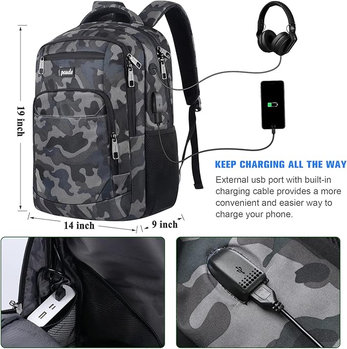 Paude 17 inch Travel Business Backpack for Men,College Backpack School Bookbag for Teens,Laptop Bookbag with USB Port and Headphone Hole,Camouflage Black