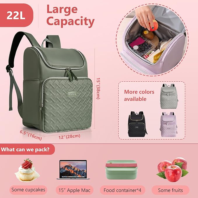 Women's Insulated Lunch Backpack for 15.6" Computer, Soft Backpack Coolers LeakProof Travel Cooler Bag Waterproof Lunch Picnic Beach Work Trip Thermal Bag Drink Beverage Beer (Sage Green)