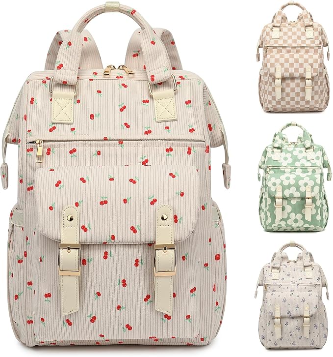 Corduroy Laptop Backpack for Women 15.6 Inch Stylish College School Bookbag, Business Work & Travel Computer Backpacks (Cherry Beige)