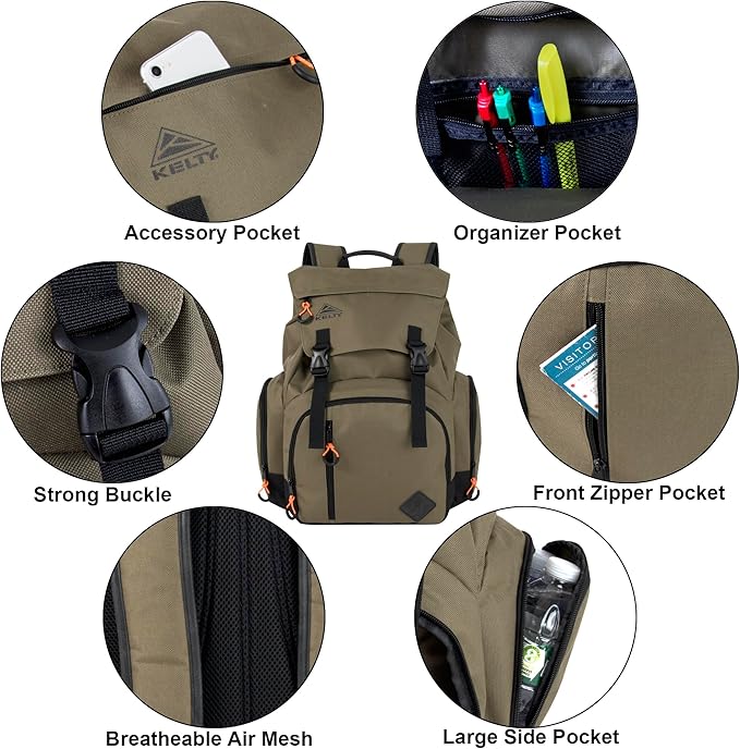 Kelty Hiking Backpacks 23 L Canvas Travel Laptop Backpack for Men Women, 18" Business Work Rucksack College Computer Bag (Olive Travel Pack)