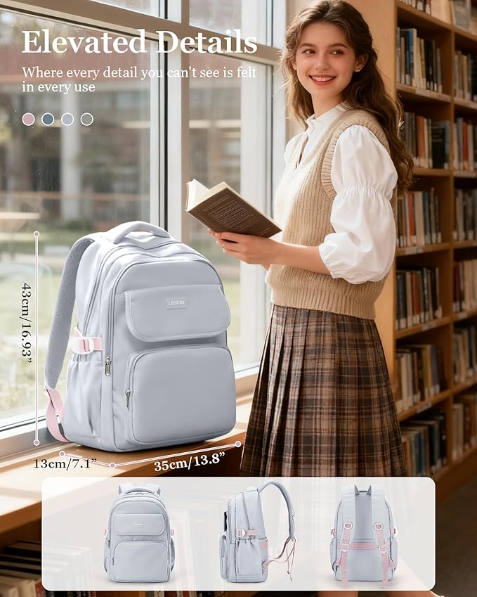 Cute Middle School Backpack For Teen Girls,Waterproof Casual Bookbags,Lightweight Travel Daypack,Basic Laptop College Backpack For Women(grey