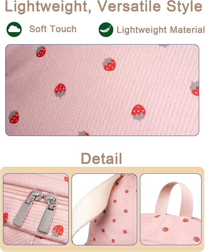Hidds School Backpack for Teens Girls Women 15.6 Inch Laptop College Backpacks Corduroy Work Bag Kids Elementary Middle High Campus Bookbag Students Anti Theft Travel Daypack Womens - Pink Strawberry