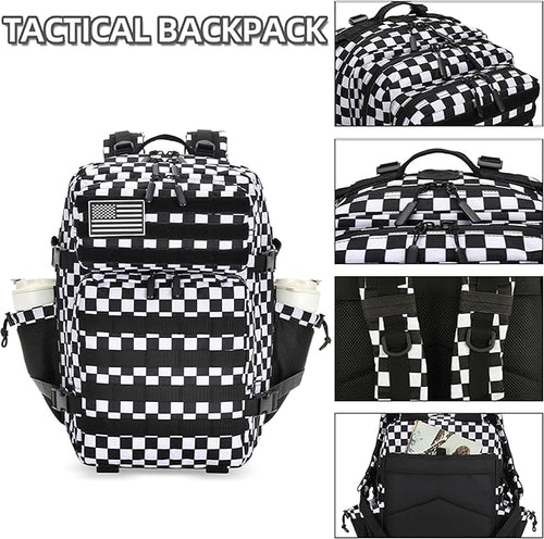 45L Tactical Assault Backpack 3 day assault pack with Molle Waterproof backpack Rucksack for Tactical Backpacks (Black and white check)