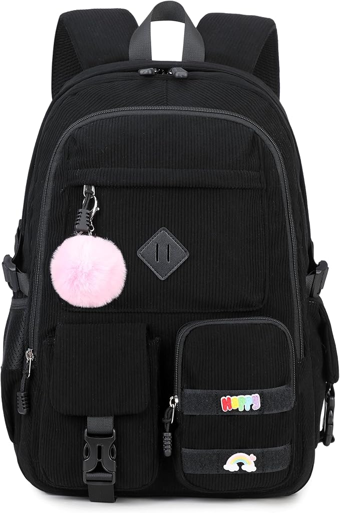 Girls Laptop Backpack Corduroy Bookbag For Teen Big Studen School Bag Durable Travel Daypack (1black)