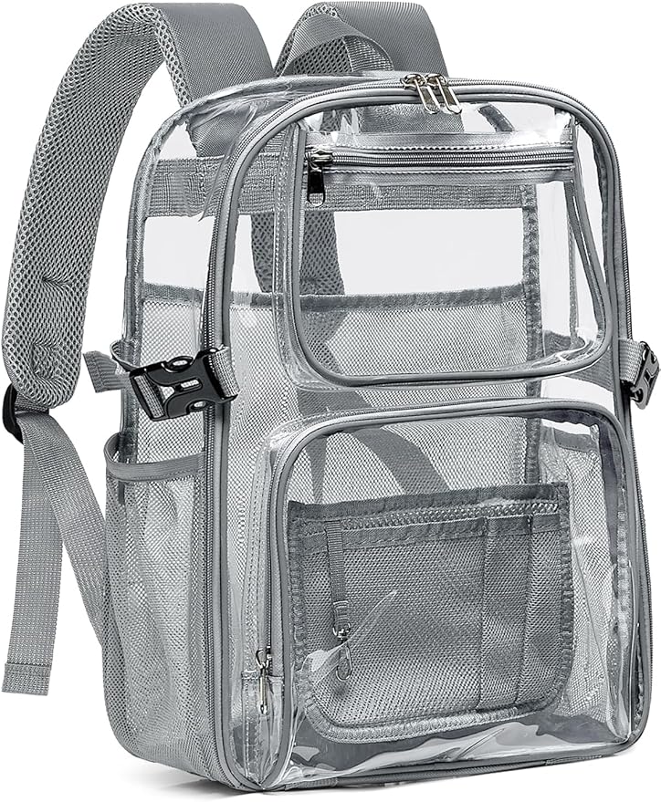 Large Clear Backpack Heavy Duty, 17 inch Clear Bookbag for Boys Girls Women Men, See Through Transparent Backpack With All-Around Reflective Strips for College Work Travel,Grey
