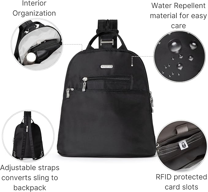 Baggallini Essential Mini Backpack Purse for Women - Built-in RFID Card Holder - Convertible Sling Bag with Adjustable Shoulder Strap