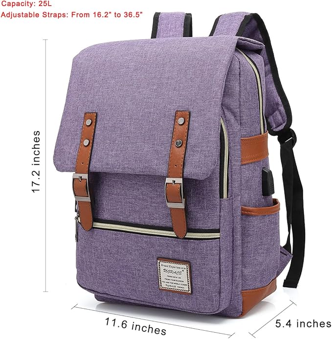 UGRACE Vintage Laptop Backpack with USB Charging Port, Elegant Water Resistant Travelling Backpack Casual Daypacks College Shoulder Bag for Men Women, Fits up to 15.6Inch Laptop in Purple