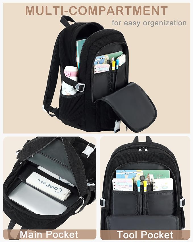 Hidds School Backpack for Teens Girls Women 15.6 Inch Laptop College Backpacks Corduroy Work Bag Kids Elementary Middle High Campus Bookbag Students Back Pack Anti Theft Travel Daypack Womens - Black