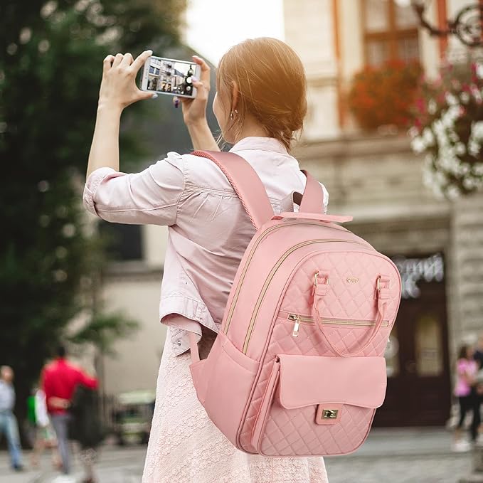 Backpack Boogbag for Women,Cute School Backpack for Teen Girls with Laptop Compartment,Quilted Stylish Computer Bag Big Book Bag for College Student Work,Pink