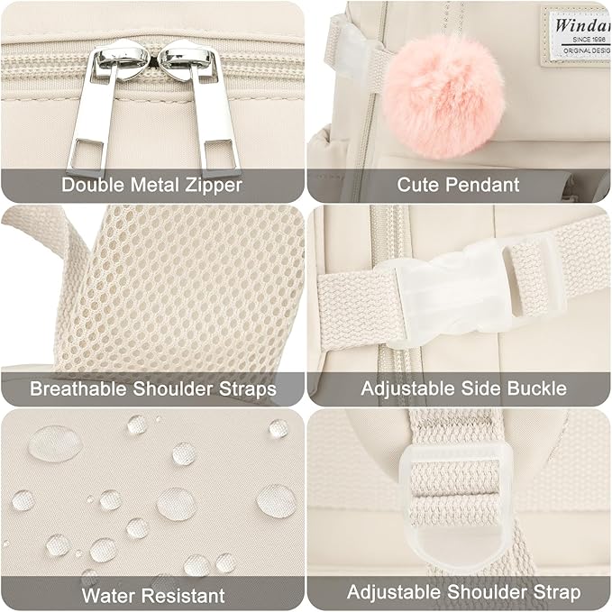 Backpack for Teen Girls, 15.6 Inch Laptop Backpack Cute Kids Bookbag for Middle School College Students, Large School Bag for Women (Beige)