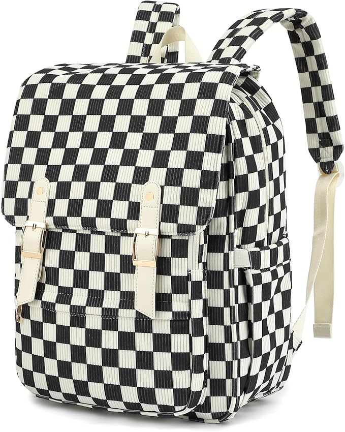 Corduroy Laptop Backpack for Women, Fits 15.6 Inch Computer Bag, College High School Bookbag Travel Daypack Purse, Work Business Bags - Corduroy Checkered Black