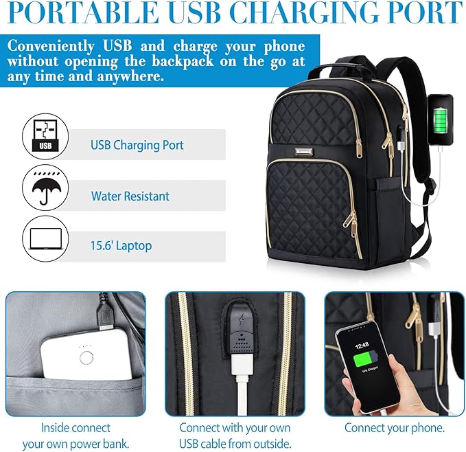 Backpacks for Women, School Backpack for Teen Girls, 15.6 Inch Cute Quilted Laptop Backpack with USB Charging, Large Bookbag for Middle School College Students, Black