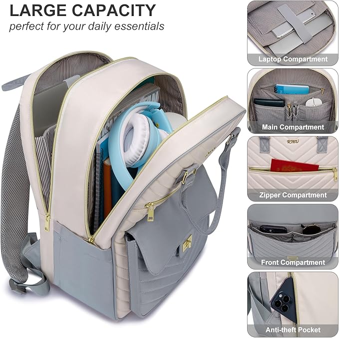 Cute Backpack for College Students,Teen Girl Bookbag Women with Laptop Compartment for Travel,Mochilas de Mujer,Gray Beige