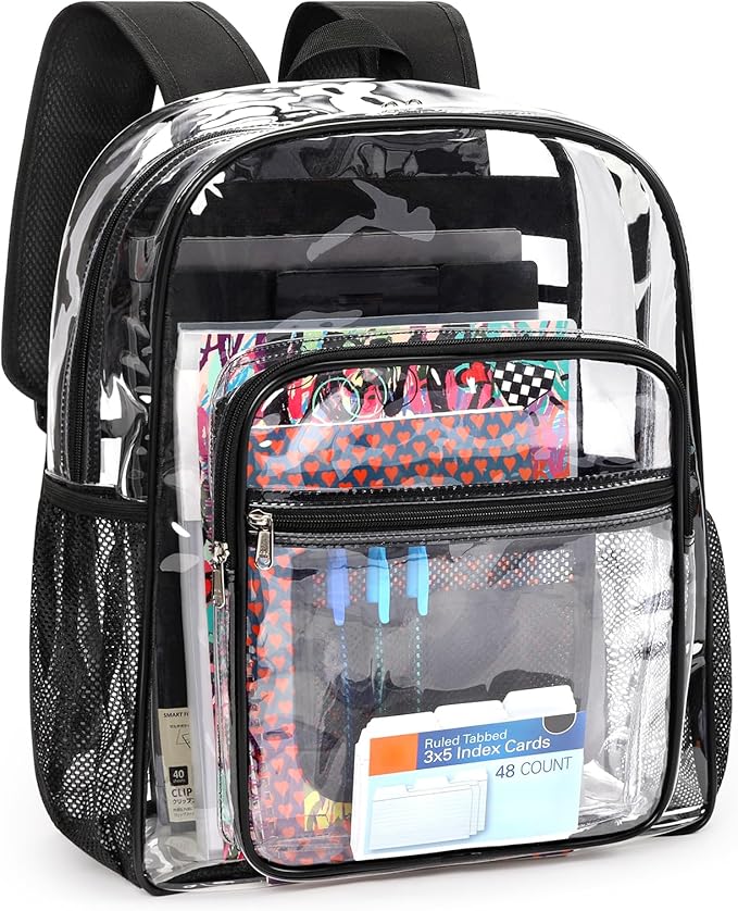 ZORFIN Clear Backpack Heavy Duty for School – 18in Transparent PVC Bag with Large Capacity & Reinforced Straps for Men, Women, Boys & Girls - See Through Bookbag for College Workplace Security, Black