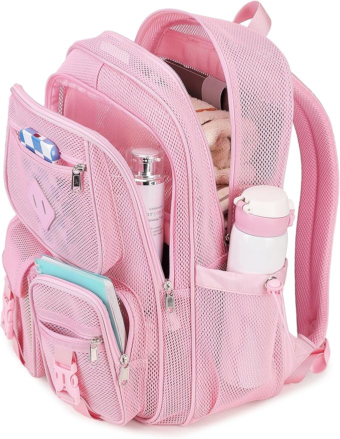 MOONBABY Mesh Backpack for School Heavy Duty See Through Net Bookbag Girls Semi-Transparent Net Back Pack for Beach, Swimming, Sports, Work, Travel (Pink)