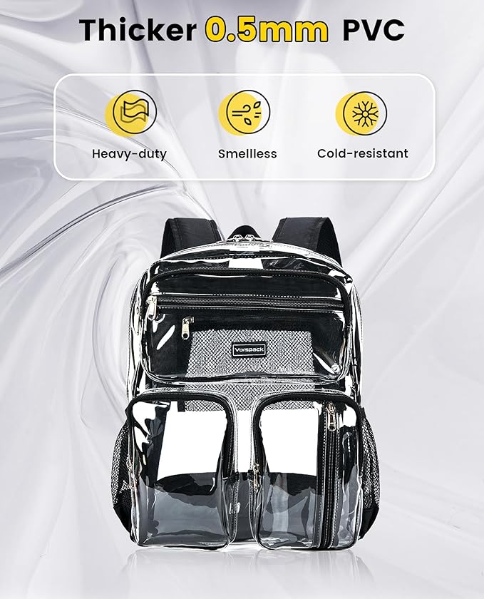 Vorspack Clear Backpack for School - Heavy Duty See Through Bookbag for Girls Boys Large Transparent Backpacks for Work, Travel, Festival - Black