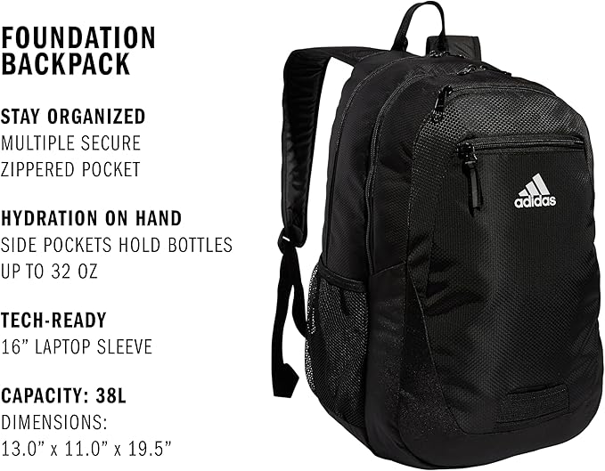 adidas Unisex Foundation Backpack for Laptop, Large Durable Athletic Gym Bag