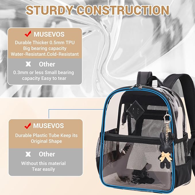 Clear Backpack for Stadium Events Approved 12×6×12, Thick TPU Mini Clear Bag with Front Pocket for Concert Sport Events Work Travel, Black