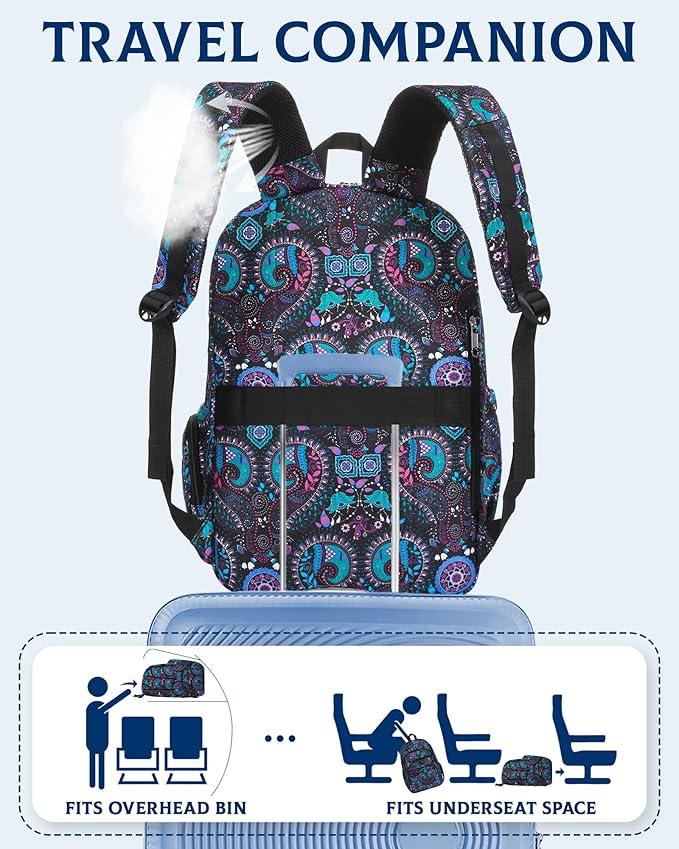 Large Backpack for Women Backpack with Lots of Pockets for Travel Work School Bookbag with Laptop Compartment for High School College Girls Mochilas Morrales para Mujer (Black/Teal, Paisley)