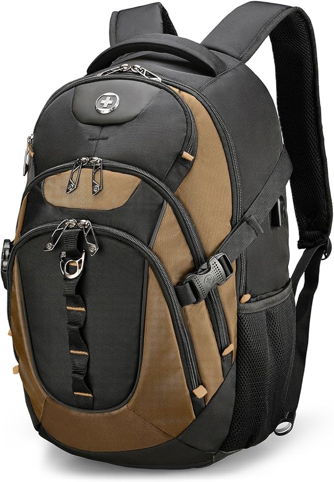 Swissdigital Design Laptop Backpack, Travel Backpack with USB Charging Port Fits 15.6 inches Computer, 31L College School Bookbag for Men,Tan/Black | SD803-34