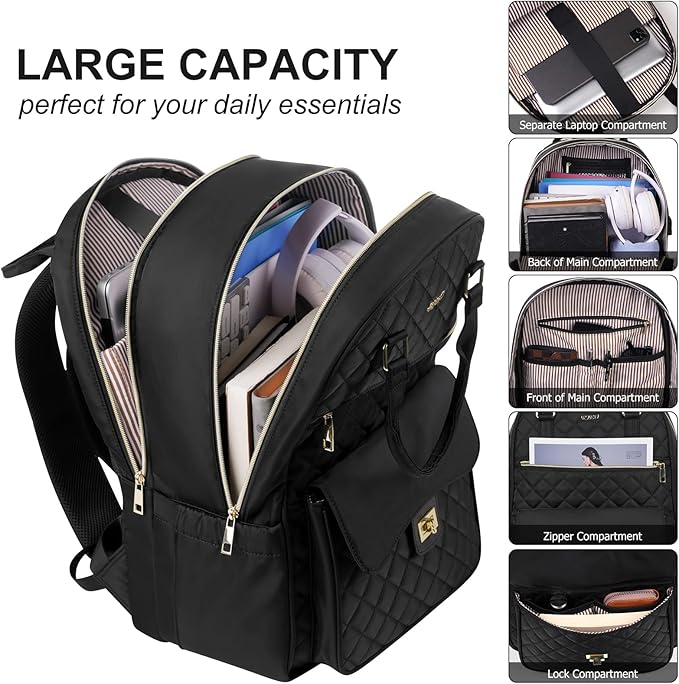 Laptop Backpack Women 15.6in,Cute School Backpack Bookbag for Teen Girls College Student,Mochila para niña adolescente for Work Travel,Aesthetic Backpack,Black