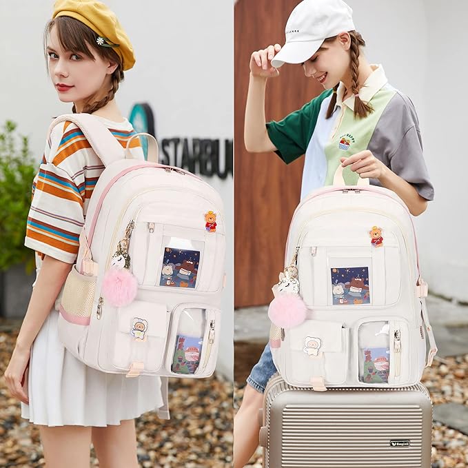 Backpack for Girls with Accessories Laptop Bookbags 16 Inch Kawaii Kids Elementary Middle High School Bag College Travel Daypack Gifts for Teens Women Students (Off-white)