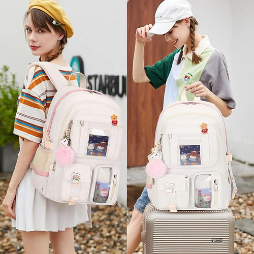 Backpack for Girls with Accessories Laptop Bookbags 16 Inch Kawaii Kids Elementary Middle High School Bag College Travel Daypack Gifts for Teens Women Students (Off-white)