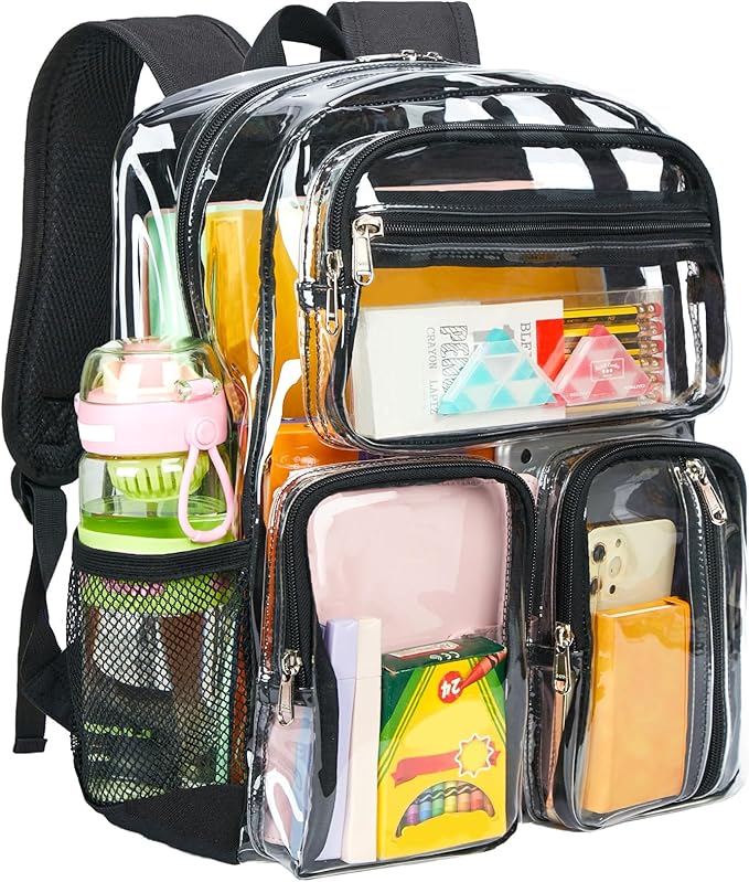 Vorspack Clear Backpack for School - Heavy Duty See Through Bookbag for Girls Boys Large Transparent Backpacks for Work, Travel, Festival - Black