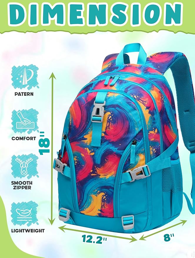 BLUEFAIRY High School Backpack for Girls Boys Middle School Bookbag for Kids Back to School Bag for College with Large Compartment Casual Daypack Mochilas para Niñas Adolescentes 18" Tie Dye Teal