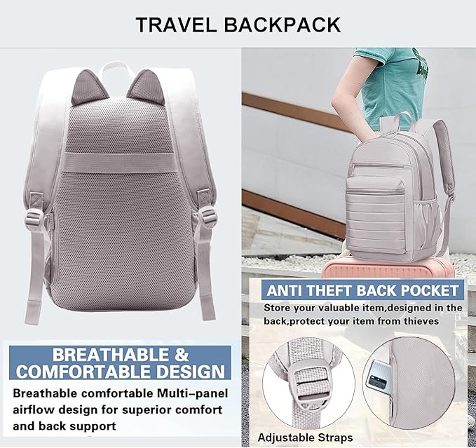 KEOFID Travel Backpack for Women, Womens Work Backpacks, Anti-theft Backpack Purse, Back pack for College Girls, Carry-On Travel Backpacks,Bookbag (Light Gray)