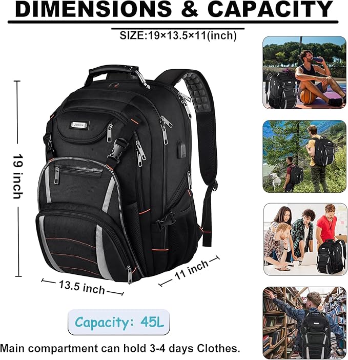 Jiefeike Travel Laptop Backpack, Extra Large Bookbag for Men Women,Basketball Backpack with USB Charging Port RFID Anti Theft TSA Approved College Student Waterproof Bag Fits 17 Inch Computer Notebook