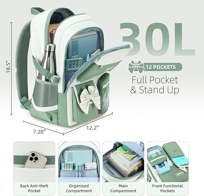 Laptop Backpack 16 Inch Kids Elementary Middle High School Bag College Backpacks Women Work Business Back Pack Travel Rucksack Large Bowknot Bookbag for Teens Girls Womens Students (Green)