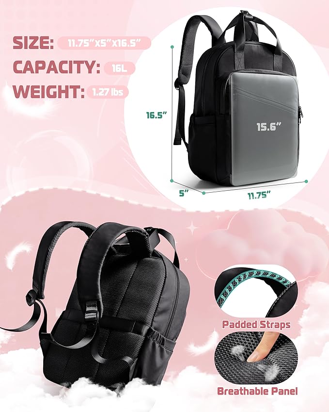 Women Backpack with 15.6” Laptop Sleeve for Travel, Work and College, Lightweight Water-resistant Backpack for Women with 8 Pockets, Black