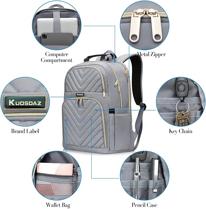 Laptop Backpack for Women Men, Large School Backpack for Teens Boys Girls, 17.3 Inch Quilted Laptop Bag Bookbag College Bag, Work Travel Casual Daypacks, Grey(over 3 years old)