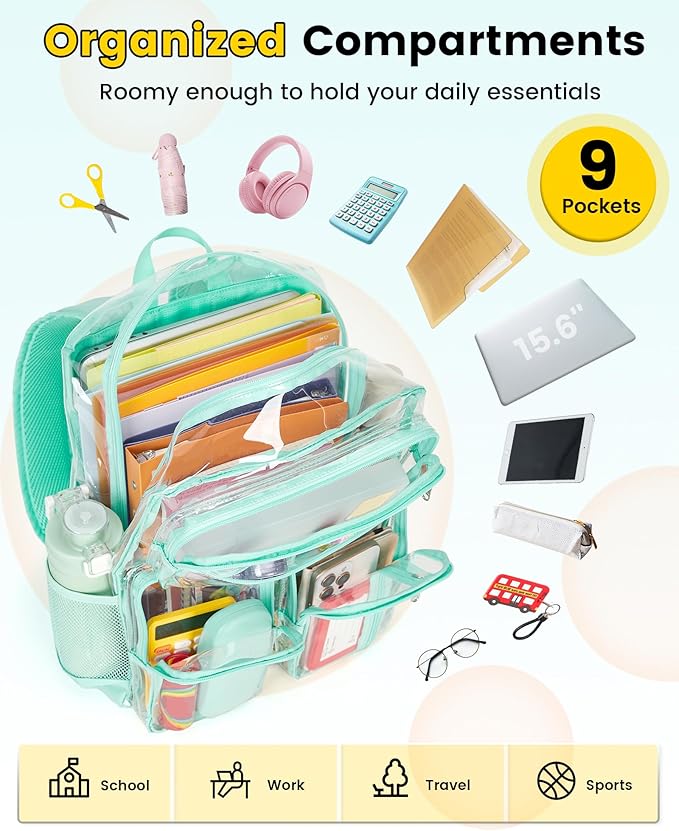 Vorspack Clear Backpack Heavy Duty - Large Clear Bookbag Transparent See Through Backpacks for College Work Festival - Mint Green