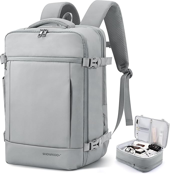 SHOWKOO Laptop Backpack for 17 Inch Laptop, 40L Expandable Large Capacity Backpack, TSA Carry On Travel Backpack with Padded Laptop Compartment, Water-Resistant College & Commuter Bag,Gray