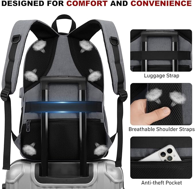 School Laptop Backpack for Women Men: 15.6 Inch College High School Backpacks with USB Charging Port Waterproof Travel Back Pack with Anti-theft Pockets Casual Work Daypack for Boys Students (Gray)