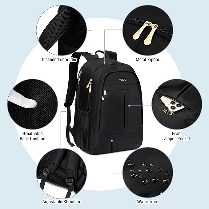 Travel Laptop Backpack for Women 15.6 Inch Computer Backpacks with USB Charging Hole Anti Theft Carry on Bag College Bookbag Large Black Back Pack for Work Business Traveling Commuter Daypack-Black