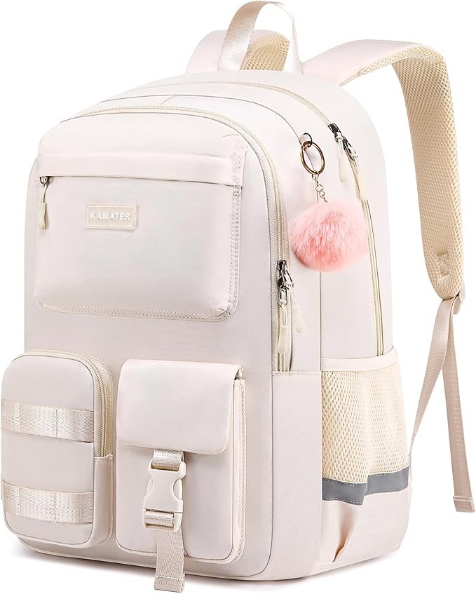 Cute School Backpack for Teen Girls & Women Students - Large 15.6 Inch Laptop Bookbag - College Middle School Travel Backpack with Ergonomic Support, Classic Beige