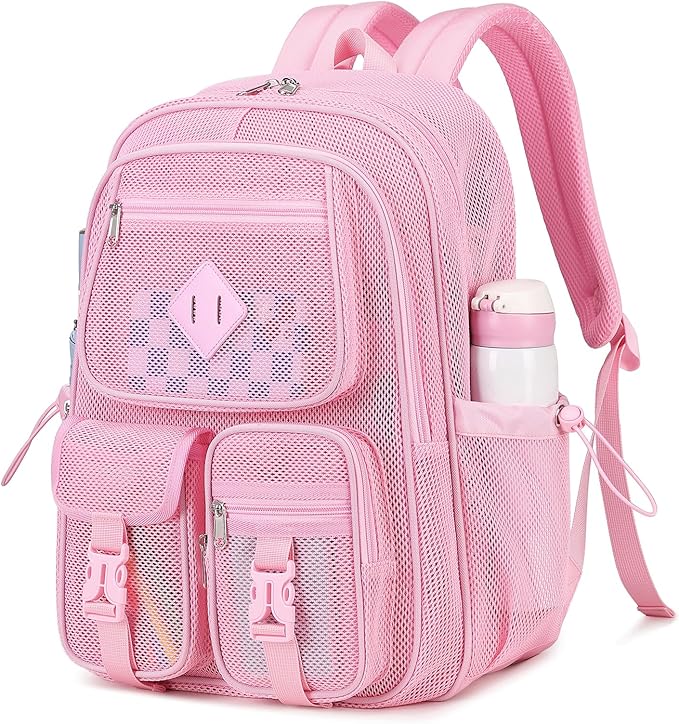 MOONBABY Mesh Backpack for School Heavy Duty See Through Net Bookbag Girls Semi-Transparent Net Back Pack for Beach, Swimming, Sports, Work, Travel (Pink)