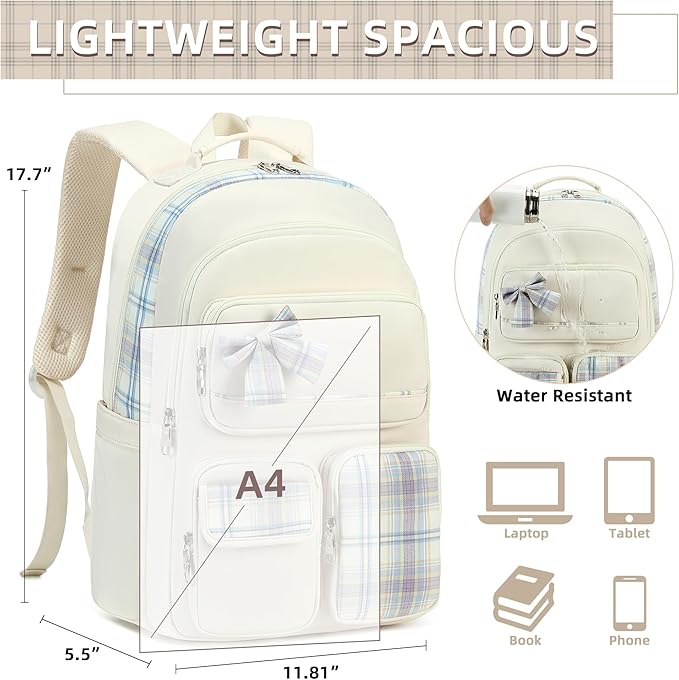 Backpack for Girls,School Backpacks for Teen,Cute College Bags for Women Students Large Bookbag 15.6 Inch Laptop Bag Back Pack Kids Kindergarten Elementary Casual Travel Daypacks Beige
