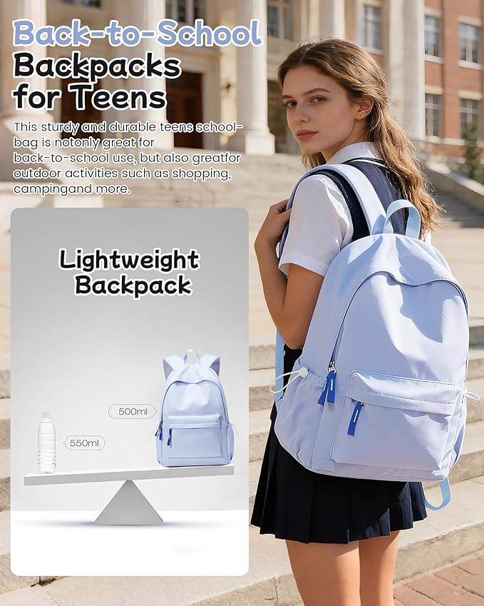 School Backpack for Teen Girls,Simple School Book Bag Waterproof High School Backpack for Boys Middle Student Bookbag College Backpack for Women Men Casual Daypack Travel Aesthetic Backpacks Blue