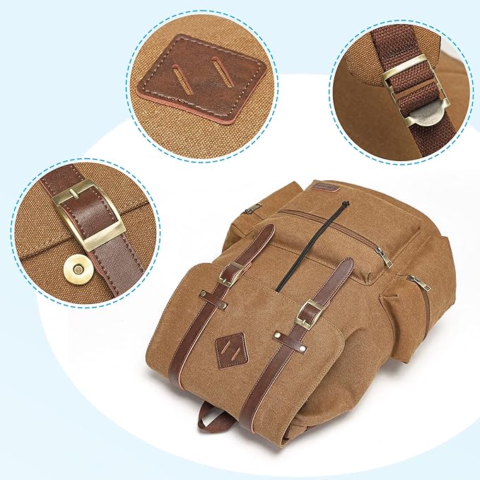 Modoker Mens Canvas Vintage Backpack for Men,Women, Travel Laptop Backpack Fits 17/15.6 Inch Computer & Tablet, Large Bookbag Rucksack Backpack with USB Charging Port, Brown