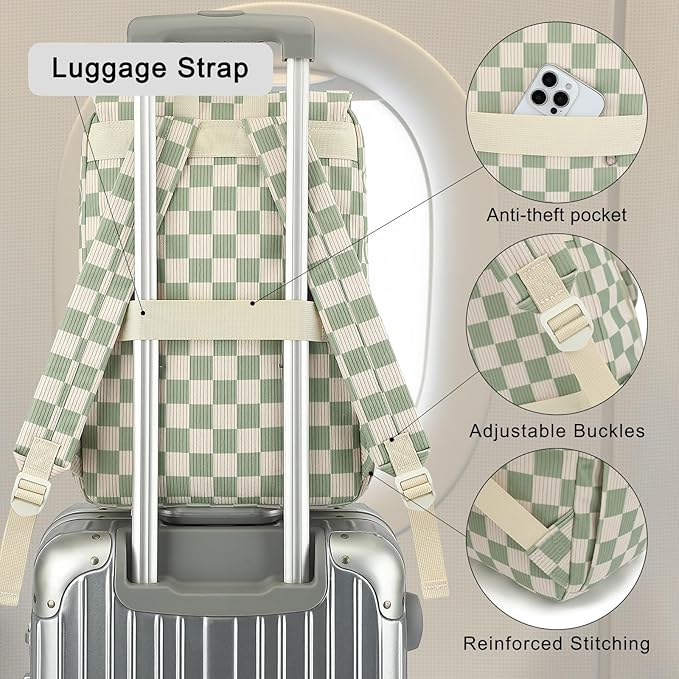 Corduroy Travel Backpack for Women, 15.6 Inch College Laptop Backpack, Fashion School Bookbag Work Backpacks (Corduroy Checkered Green)