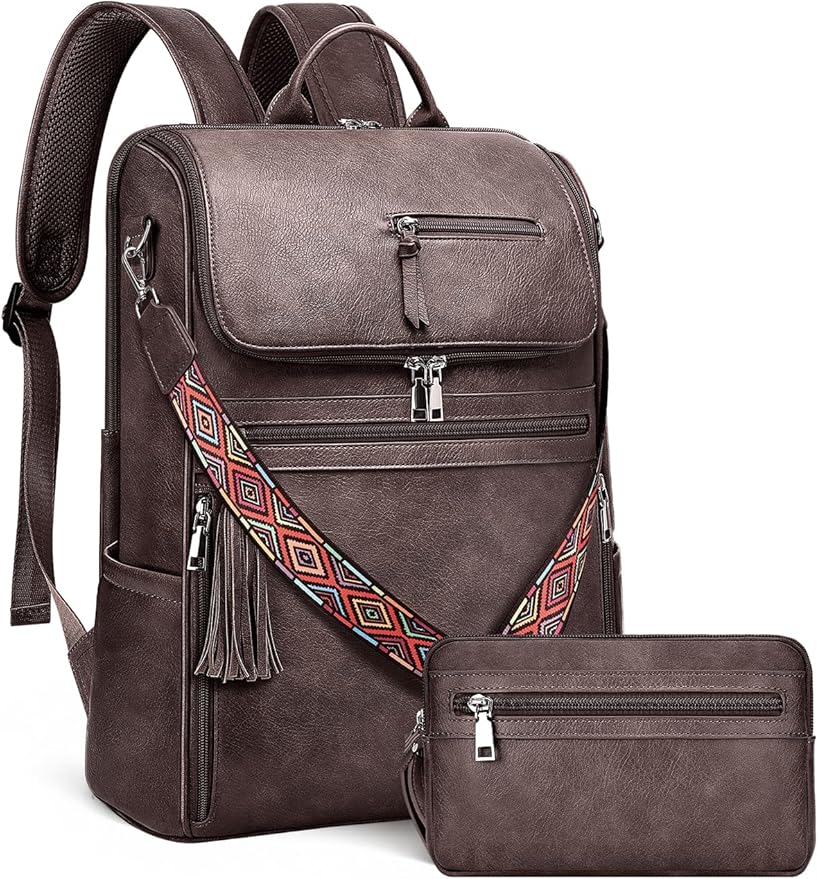 Leather Laptop Backpack for Women Designer Laptop Bag, 16.5 inch Travel Computer Backpacks Purse with Tassel for Work Business with Satchel Purse Dark Coffee