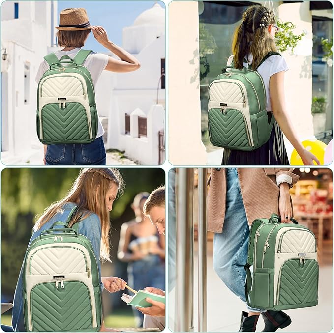 Travel Laptop Backpack for Women Men, 15.6 Inch Quilted Work Backpack Purse, School Backpack for Teens Girls Boys, Large Teacher Student Bookbags, Casual Daypacks, Beige & Green