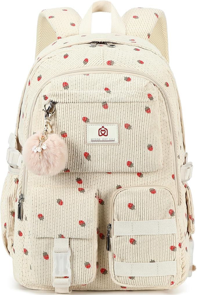 Hidds School Backpack for Teens Girls Women 15.6 Inch Laptop College Backpacks Corduroy Work Bag Kids Elementary Middle High Campus Bookbag Students Pack Travel Daypack Womens - Beige Strawberries