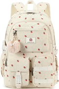 Hidds School Backpack for Teens Girls Women 15.6 Inch Laptop College Backpacks Corduroy Work Bag Kids Elementary Middle High Campus Bookbag Students Pack Travel Daypack Womens - Beige Strawberries